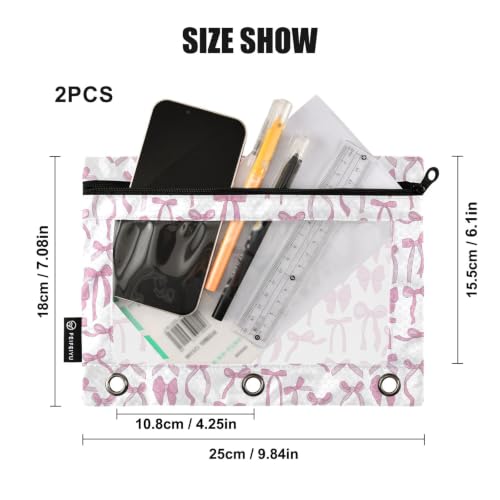 Gredecor 3 Ring Binder Pencil Pouch, Aesthetic Pink Ribbon Bows Zippered Pen Case Pouches with Clear Window, 2 Pack Stylish Office & School Supplie - color: Aesthetic Pink Ribbon Bows