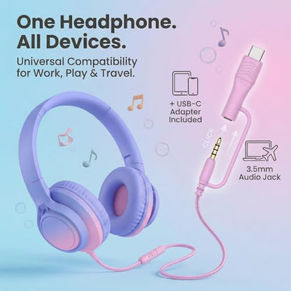 Kids Headphones Wired with Microphone, 85/94dB Volume Limit, 3.5mm Jack & USB-C Adapter, Foldable Over Ear Headset for School, Tablet, iPad, Laptop, Travel (Pink) - color: Gradient Lavender & Pink