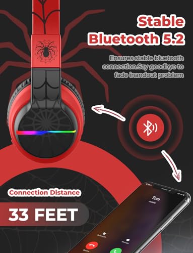 iClever BTH12 Kids Bluetooth Headphones,Colorful LED Lights,74/85dBA Safe Volume,85H Playtime,Fast Charging,Bluetooth 5.2,Over Ear Kids Headphones Wireles for iPad/Tablet/Airplane,Black/Red - color: Black/Red