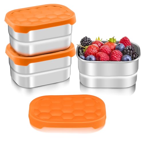 HaWare Stainless Steel Snack Containers, 8 oz, 3 Packs | Leak Proof, Silicone Lids, Stackable & Reusable, For Toddlers and Kids, For Daycare and School - color: Orange, size: 8oz×3