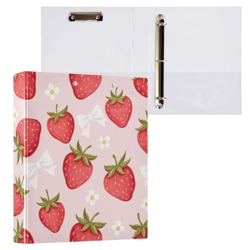 3 Ring Binder 1.5 Inch Binders Strawberry Flower Bow Binder Organizer Fashion View Binder with 2 Pockets for Home Office Supplies - color: Strawberry Bow