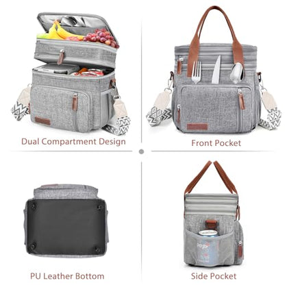 LOKASS Lunch Box & Lunch Bag for Women Men Double Deck, Large Insulated Adult Lunch Box Leakproof Lunchbox Cooler Bag for Work Picnic Beach,（Gray16L） - color: Gray 2