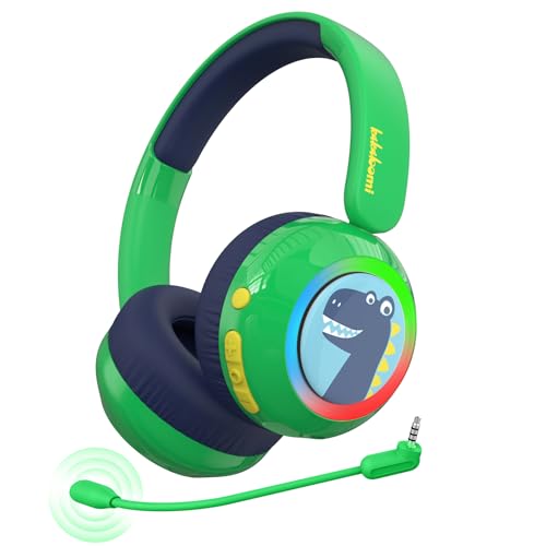 Kids Bluetooth Headphones, Dinosaur Wireless Headphones for Kids with LED Lights, Detachable Mic, 75/85/94dB Volume Limited, Fast Charging, Teens Boys Headset for School/Travel/Tablet/Airplane - style: Dinosaur