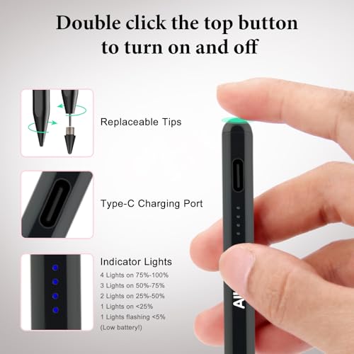 Universal Stylus Pen for iPad iPhone Android Tablets, No Bluetooth or Pairing Needed, USB-C Fast Charging, 4 LED Battery Indicators, Works with Most Touchscreen Devices, Black