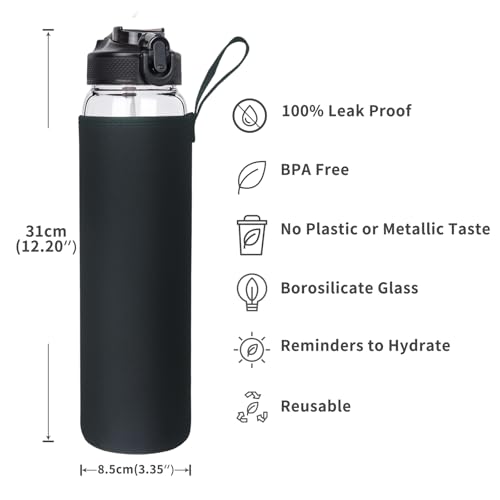 32oz Sports Motivational Glass Water Bottle with Time Maker, Large Reusable Glass Drinking Bottle with Flip Lid and Sleeve, BPA Free