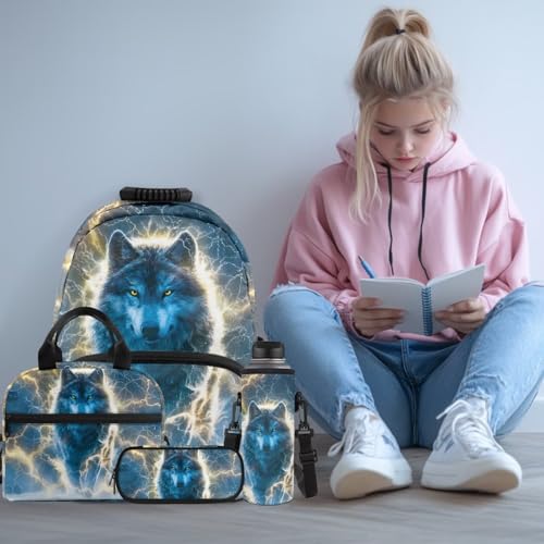 Wolf Backpack and Lunch Box Set, 4 in 1 Kids Backpack with Pencil Case and Water Bottle Cover, for Primary Students Ages 8-10 Daily Use - color: Lightning Wolf Print