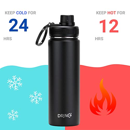 Drinco Stainless Steel Water Bottle Spout Lid Vacuum Insulated Double Wall Water Bottle Wide Mouth (40oz 32oz 22oz 18oz 14oz) Leak Proof Keep Cold Sport Camping Hiking (22 oz, 22oz Black) - color: 22oz Black, size: 22 Ounces