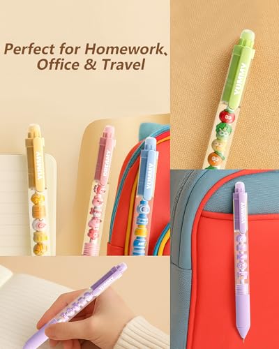 6 Pack Cute Cartoon Gel Pens, 0.5mm Fine Point Quick Dry Black Ink Smooth Writing Pens, Retractable Ballpoint for Journaling Planner(Funny Animals Fruits Snacks DIY Designs)