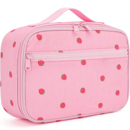 FlowFly Kids Lunch Bag, Durable Insulated School Lunch Box, Thermal Small Lunch Cooler Tote for Teen Boys & Girls,Corduroy Strawberries RoseRed - color: Corduroy Strawberries RoseRed