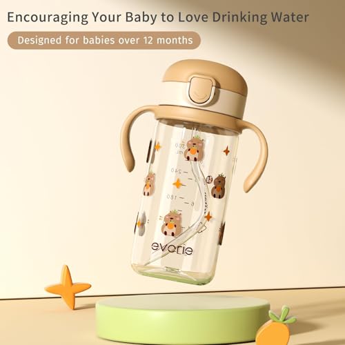 Evorie Tritan Spill Proof Toddler Straw Sippy Cup, 10 oz for Baby and Toddlers 1-3 Years Old, No Spill Straw Water Bottle with Removable Handles, Ideal for School, BPA-Free, Capybara (New) - color: Capybara