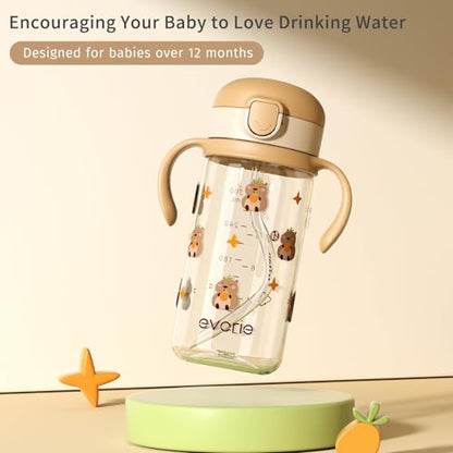 Evorie Tritan Spill Proof Toddler Straw Sippy Cup, 10 oz for Baby and Toddlers 1-3 Years Old, No Spill Straw Water Bottle with Removable Handles, Ideal for School, BPA-Free, Capybara (New) - color: Capybara