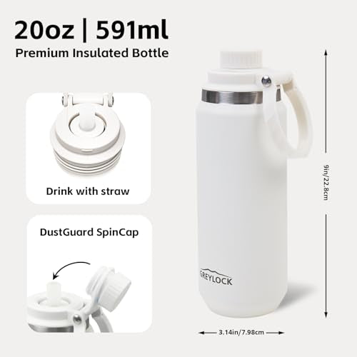Greylock 20 oz Insulated Water Bottle with Straw Lid, Reusable Stainless Steel Sports Water Bottles with Foldable Handle, Leak Proof, Double-Wall Vacuum Insulation, 24 Hours Cold (White) - color: White, size: 20 Ounces