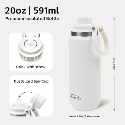 Greylock 20 oz Insulated Water Bottle with Straw Lid, Reusable Stainless Steel Sports Water Bottles with Foldable Handle, Leak Proof, Double-Wall Vacuum Insulation, 24 Hours Cold (White) - color: White, size: 20 Ounces