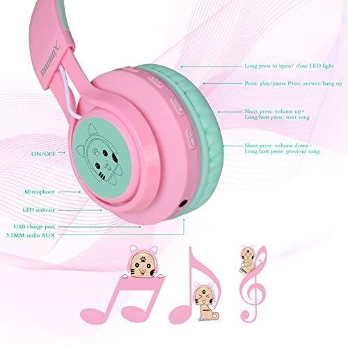 Riwbox CT-7 Cat Ear Kids Bluetooth Headphones, LED Light Up Bluetooth Wireless Over Ear Headphones with Microphone and Volume Control for Travel/School/Smartphones/Laptop/PC/TV (Pink&Green) - color: Pink&Green