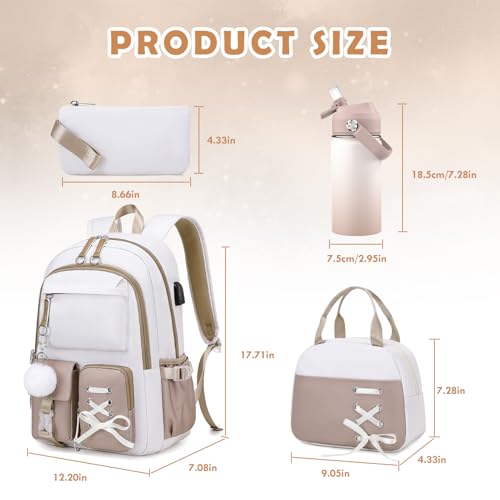 ACESAK Kids School Backpack for Girls, 4-In-1 Bookbag Backpack Set with 14OZ Insulated Kids Water Bottle (Beige Khaki) - color: Off-white-to-khaki Gradient