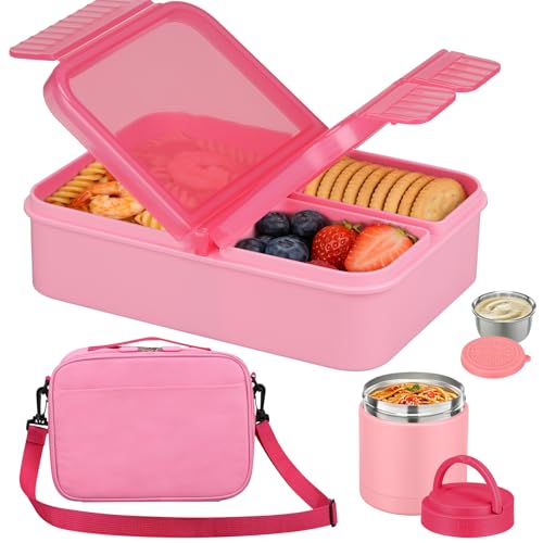 HWONMTE Bento Lunch Snack Boxes Set for Kids Reusable Food Containers with Insulated Lunch Bag, Sauce Box,Removable Dividers for Toddler Girls Boys Teens to School,Travel - color: Pink Set