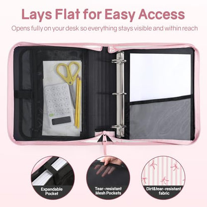 SUNEE Zippered Binder Bag with Handle, 2-Inch 3-Ring O-Ring, 500-Sheet Capacity, Includes Zip Pocket, 5-Tab Expanding File Folder, Multi-Pocket Organizer Binder for Middle School, Pink Bow - color: Pink Bow