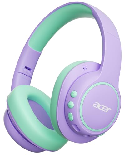 Acer OHR702 Kids Bluetooth Headphones for School with Built-in Mic,Over-Ear | 75H Playtime, Bluetooth 6.0, 3.5mm Jack Aux Cord, 85dBA Safe Volume,USB-C Fast Charging, for iPad/Travel/Tablet-Purple Green - color: purple green