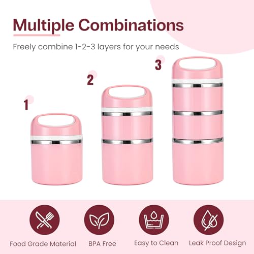 Lille Home Stackable Stainless Steel Thermal Compartment Lunch/Snack Box, 3-Tier Insulated Bento/Food Container with Lunch Bag and Three Extra Seals, 43OZ (Pink) - color: Pink
