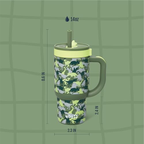 Ello Oasis 14oz Stainless Steel Toddler Tumbler with Handle & Retracting Straw, 100% Leakproof, Double-Wall Vacuum Insulated, Kids Water Bottle for School, BPA Free, Dishwasher Safe, Dinos - color: Dinos, size: 14 Ounces