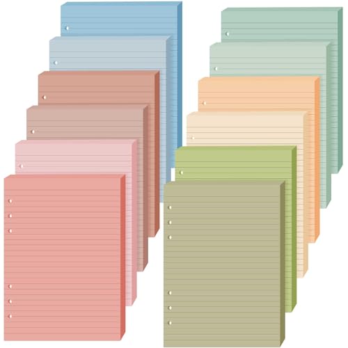 PerKoop 12 Pack Lined Refill Paper A5 Colored 6 Ring Binder Planner Inserts 6 Hole Notebook Refills Paper 8.2 x 5.8 Inch Loose Leaf (Vintage Color) - color: Vintage color