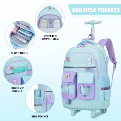 ACESAK Rolling Backpack for Girls - Roller Wheels School Bookbag with Lunch Bag & Pencil Pouch for Teen Girls Kids Wheeled Suitcase Backpacks, Elementary Middle School Travel Daypack (Blue Purple) - color: Blue-purple