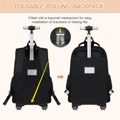 DIGOBAY 3-IN-1 Kids Rolling Backpack for Girls with Lunch Bag Pencil case, Black Kawaii Backpack with Wheels for Girls Roller School Bag with Wheels for Teen Elementary School Bookbags with Cute Pins - color: Black