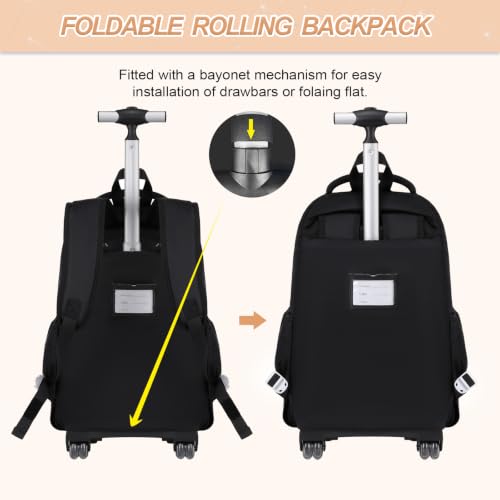 DIGOBAY 3-IN-1 Kids Rolling Backpack for Girls with Lunch Bag Pencil case, Black Kawaii Backpack with Wheels for Girls Roller School Bag with Wheels for Teen Elementary School Bookbags with Cute Pins - color: Black