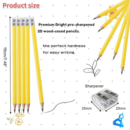 Adhere 25pcs Woodcase Pencils with Eraser Premium Pre-Sharpened Hexagon Graphite 2B pencils ideal for home, office writing including a Free Sharpener (Yellow・25pcs) - color: Yellow・25pcs