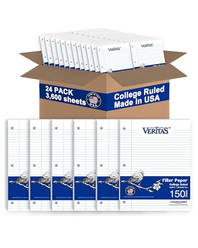 Loose Leaf Paper College Ruled, 8" x 10.5" Binder Filler Paper, 3 Hole Punched Notebook Paper, 3600 Sheets Total 24 Pack 150 Sheets/Pack, Bulk School & Office Supplies, Made in USA - color: College Ruled Filler Paper, size: 24 Pack (3600 Sheets)