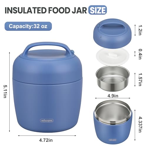 wiwens Thermo Food Jar for Hot Food Adults 32OZ Soup Thermo Lunch Containers Wide Mouth Vacuum Insulated Stainless Steel Leakproof Bento Box with Spoon - color: Blue3