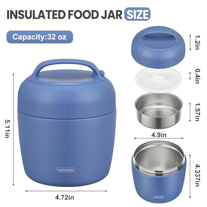 wiwens Thermo Food Jar for Hot Food Adults 32OZ Soup Thermo Lunch Containers Wide Mouth Vacuum Insulated Stainless Steel Leakproof Bento Box with Spoon - color: Blue3