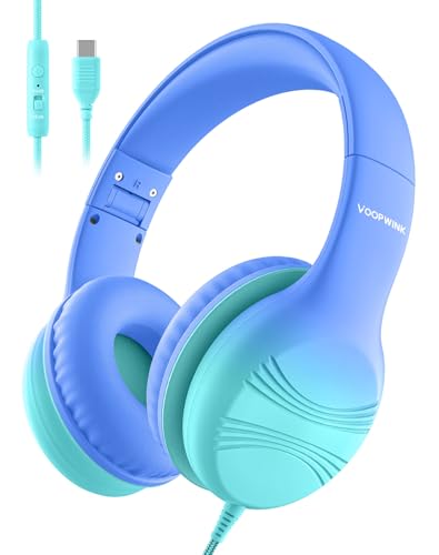 Voopwink USB Type C Kids Headphones, Wired Headphones for Kids with Microphone 85/94dB Volume Limit, Stereo Sound Portable Over Ear Headphones for School/Travel/Tablet/iPad, Gradient Blue - color: Gradient Blue, size: USB Type C Plug