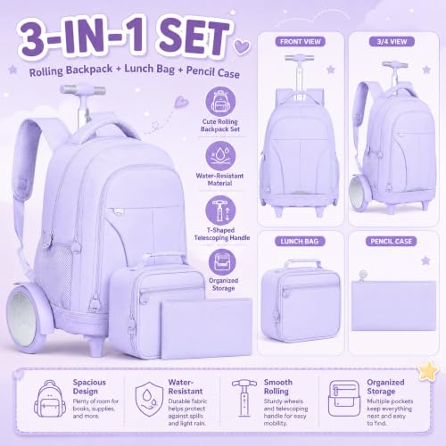 AGSDON Quiet Glide Rolling Backpack with Lunch Box Set - Large Wheel Water-Resistant Wheeled Bag for Business, Travel, and College | Lavender Purple 3-in-1 Organizer Backpack - color: Reflective Purple - Rolling Backpack