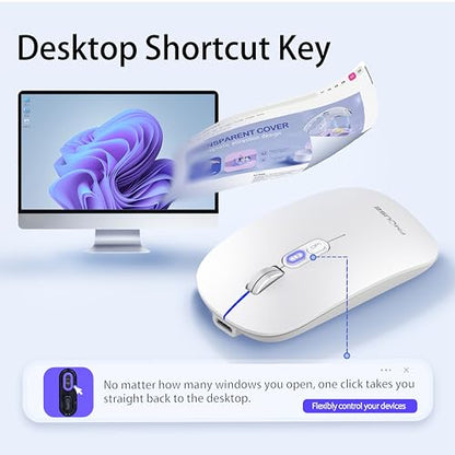 FMOUSE Slim Wireless Mouse, Tri-Mode 2.4G/Bluetooth, Rechargeable – Silver | USB-A & USB-C Receiver | Silent Click | One-Key Desktop | Works with Mac, iPad & Laptops | Long-Life Battery | Portable - color: Silver
