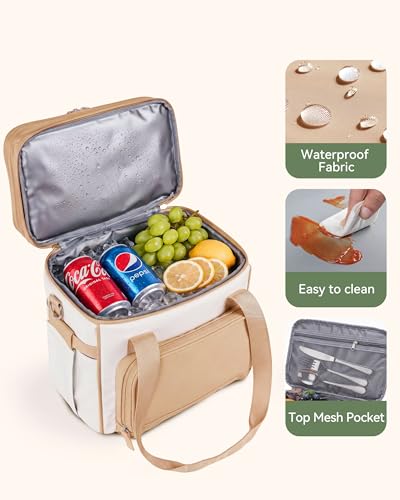 HOMESPON Double Layer Lunch Bag for Women Men, 14L Large Insulated Lunch Box with Shoulder Strap, Expandable Cooler Tote with Cup Holder for Work Office Picnic, Brown - color: Brown