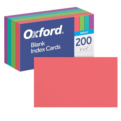Oxford Blank Index Cards, Blank Note Cards, Flashcards for School, 4 Assorted Bright Colors: Coral, Green, Teal and Orchid, 3 Inch x 5 Inch, 200 Cards Per Pack (1017489)