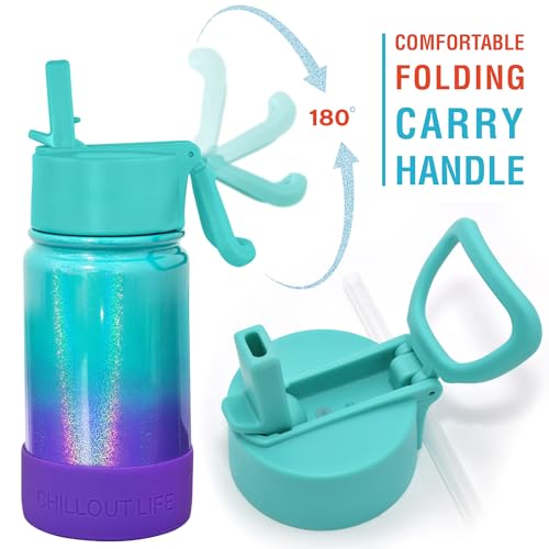 CHILLOUT LIFE 12oz Kids Insulated Stainless Steel Water Bottle with Leak Proof Straw Lid & 144 Stickers - color: Mermaid Sparkle, style: 12 oz