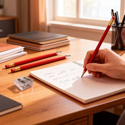 Adhere 25pcs Woodcase Pencils with Eraser Premium Pre-Sharpened Hexagon Graphite 2B pencils ideal for home, office writing including a Free Sharpener - color: Red・25pcs
