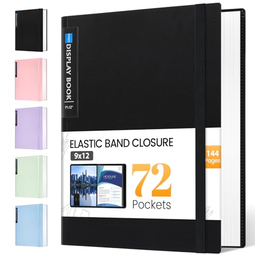 Sooez Art Portfolio 9"x12", 72 Pockets Large Portfolio Folder Display 144 Pages, Heavy Duty Binder with Plastic Sleeves&Elastic Band, Presentation Book with Clear Sheet Protector for Artwork Organizer - color: Black