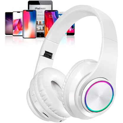 Bluetooth Over Ear Headphones, Deep Bass Colorful LED Lights Headphones with Mic, Lightweight Wireless Foldable HiFi Stereo Kids Headset for School Classroom/Home Travel/Office/PC/Cell Phone-White - color: White