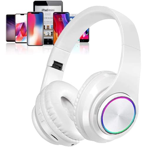 Bluetooth Over Ear Headphones, Deep Bass Colorful LED Lights Headphones with Mic, Lightweight Wireless Foldable HiFi Stereo Kids Headset for School Classroom/Home Travel/Office/PC/Cell Phone-White - color: White