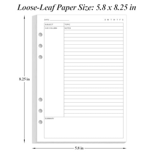 Cornell Notes Filler Paper for A5 Binder - 6 Hole Cornell Notes Refills Paper, 50 Sheets/100 Pages, 100gsm, White, 5.8'' x 8.5'' - size: 1-Pack, style: 6-Hole