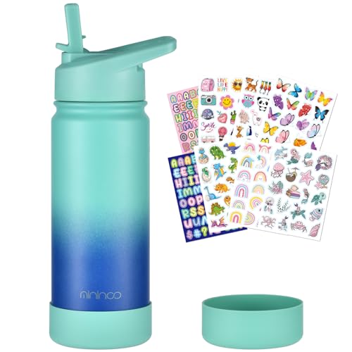 mininoo Kids Water Bottle for School, 16oz Stainless Steel Insulated Water Bottle Kids with Straw Lid for Girls, Boys (Sky/Blue) - color: Sky/Blue, size: 16 Ounces