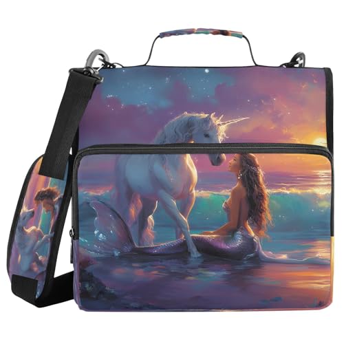 3 Ring Zipper Binder Ocean Beach Mermaid Horse Binders Bag with Shoulder Strap 500 Sheets Paper Organizer Trapper Keeper Documents Storage File Folder for School Office - color: A2847