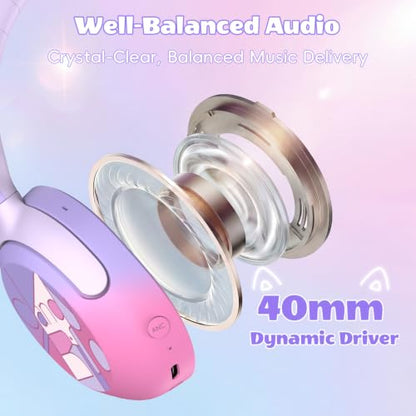 Candy Bila Kids Bluetooth Headphones with LED Cat Ears, Active Noise Cancelling Headphones, 85dB Safe Volume, 40H Play Time, Bluetooth 6.0, Built-in Mic for iPad/Tablet/Airplane, Purple - color: Purple