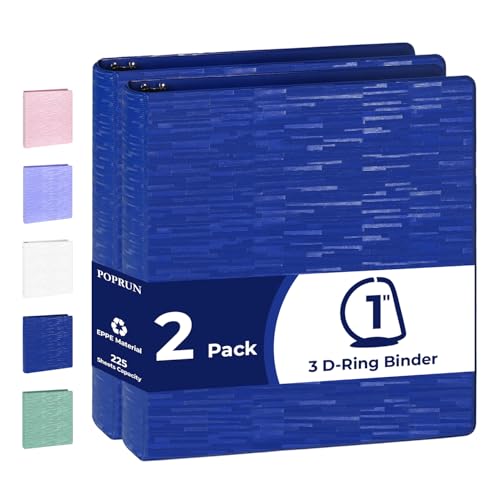 POPRUN 3 Ring Binder 1 Inch, D Ring PVC-Free (Fit 225 Sheets 8.5"x11" Paper), 2 Pack Heavy-Duty with 2 Pockets for Study Work Partner Supplies, Prussian Blue - color: Prussian Blue, size: 1 inch