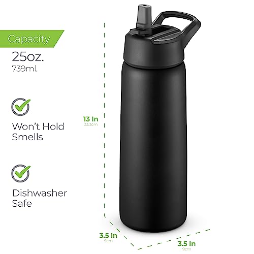 SipX™ Insulated Water Bottle with 3 Lids 25 oz (750 mL). Leakproof Stainless Steel, Triple Insulated – Cold 24 Hours/Hot 12 Hours – Durable Bottle for School, Gym, Travel – Black - color: Black, size: 25 Ounces