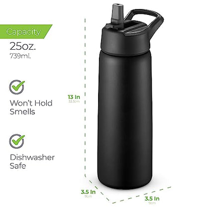 SipX™ Insulated Water Bottle with 3 Lids 25 oz (750 mL). Leakproof Stainless Steel, Triple Insulated – Cold 24 Hours/Hot 12 Hours – Durable Bottle for School, Gym, Travel – Black - color: Black, size: 25 Ounces