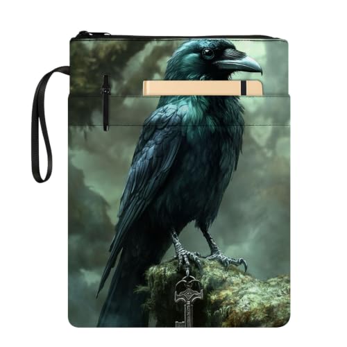 Padded Book Sleeve with Zipper & Front Pocket, Fabric Book Cover | Gothic Raven Crow Key11.4"x8.7" Washable Canvas Pouch for Hardcovers, Tablets & Reading Accessories - color: Gothic Raven Crow Key